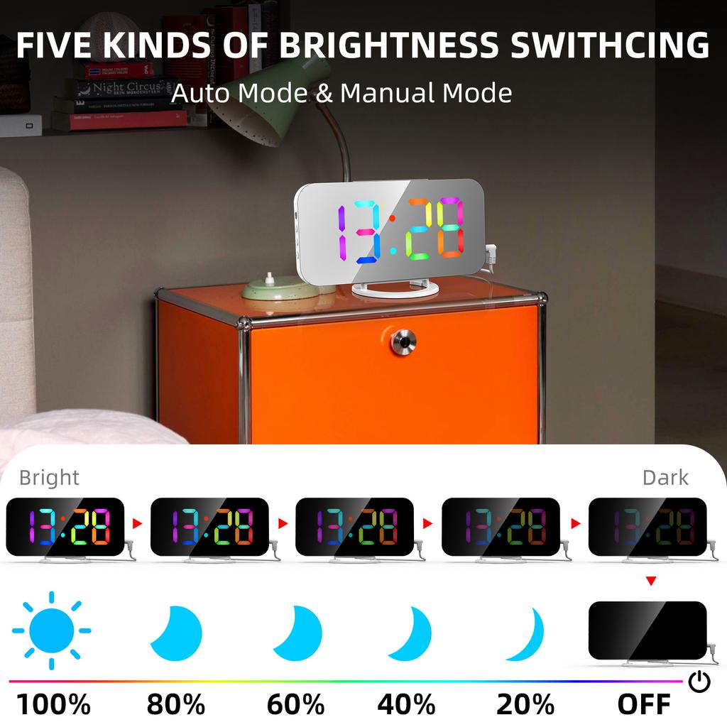 Digital Alarm Clock with Dynamic RGB Light Dimmable Brightness   Snooze Function USB   Port Mirror Clock 12HCelsius24H for Bedroom Home