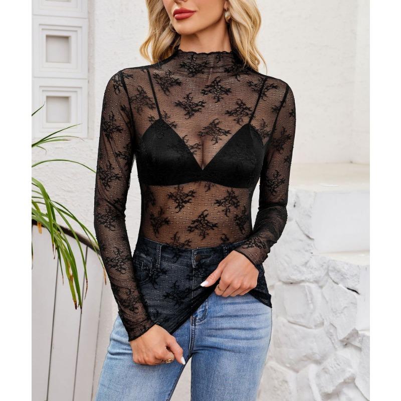 Women Sexy Slim Fit Lace Mesh Long Sleeve Pullover Bottoming Shirt