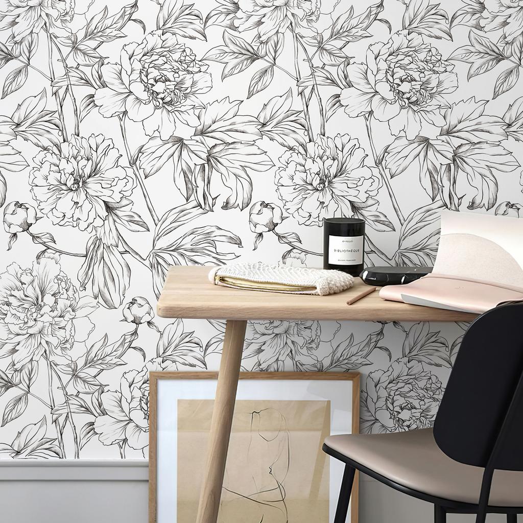 White Sketch Floral And Leaves Wall Cover Retro Line Flower Pvc Peel And Stick Wall Cover Water-Repellent Kitchen Bathroom Vinyl Decor