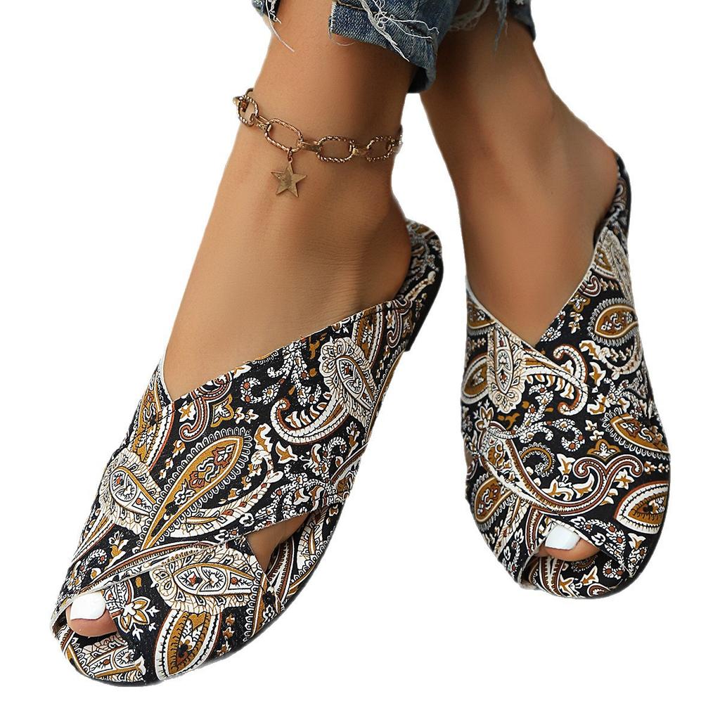 Wind flat-bottomed slippers slippers female fashion summer new fashion ethnic print