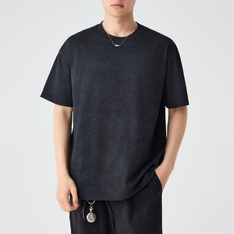 

Men Crew Neck Short Sleeve T Shirt Vintage Washed Loose Fit Casual Daily Tops M чёрный