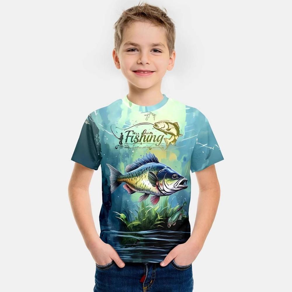 Boys' short-sleeved T-shirt with a round neck and a 3D summer fish print
