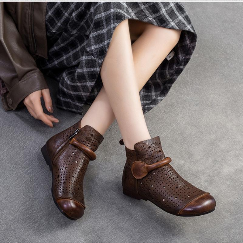 Johnature Echtes Leder, ausgehöhlte Stiefel, Retro-runde Zehenpartie, atmungsaktive Sandalen, vielseitige flache Damenschuhe