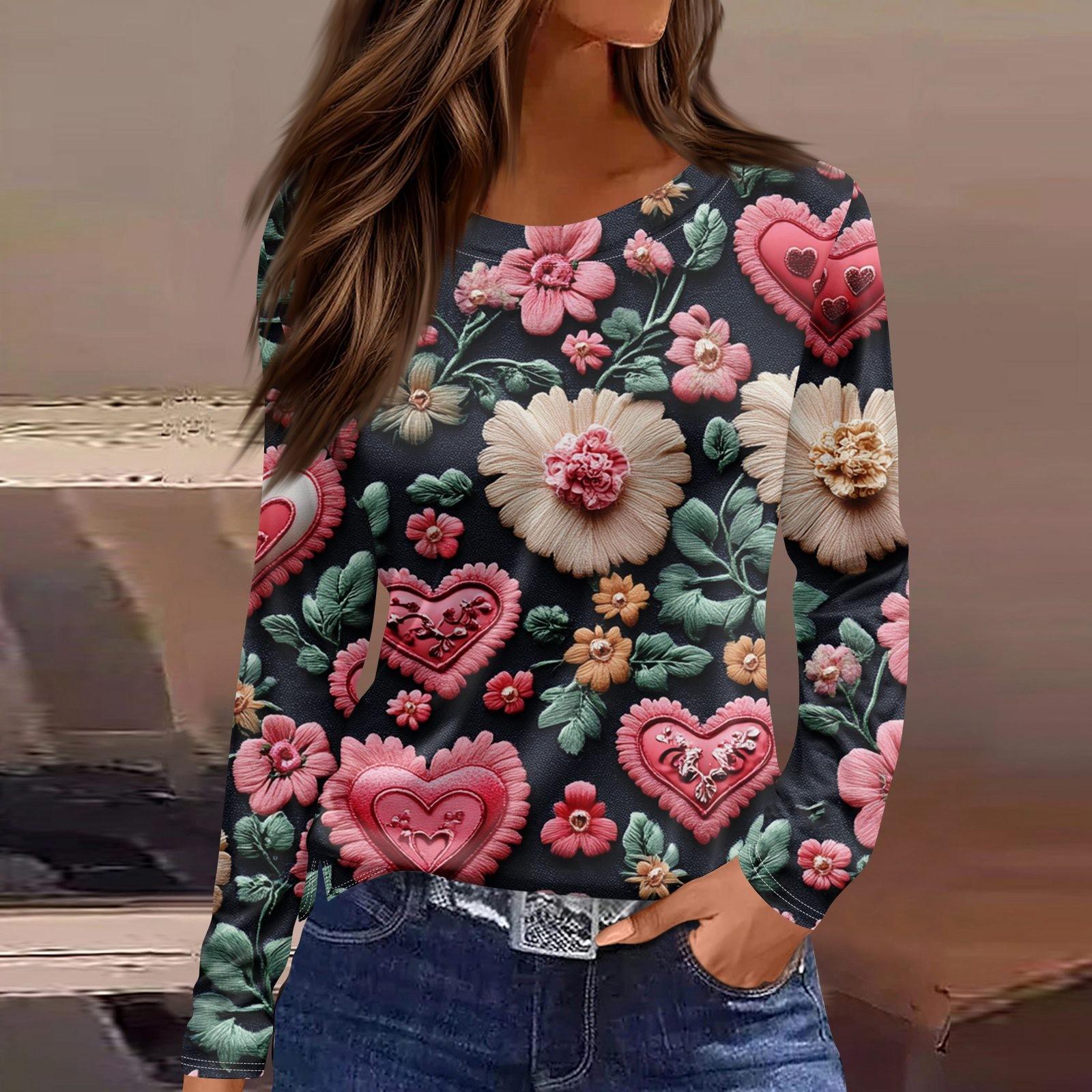 

Женская мода День святого Валентина принтованный круглый вырез повседневный длинный рукав топ XXL винный