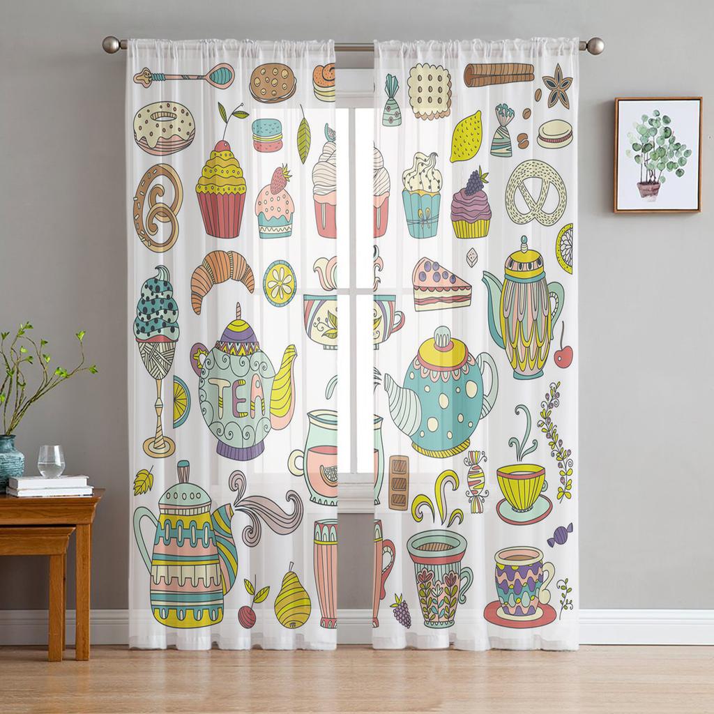 Teapot Pastry Fruit Teacup Flowers Sheer Curtains for Living Room Decoration Window Curtains Kitchen Tulle Voile Curtains