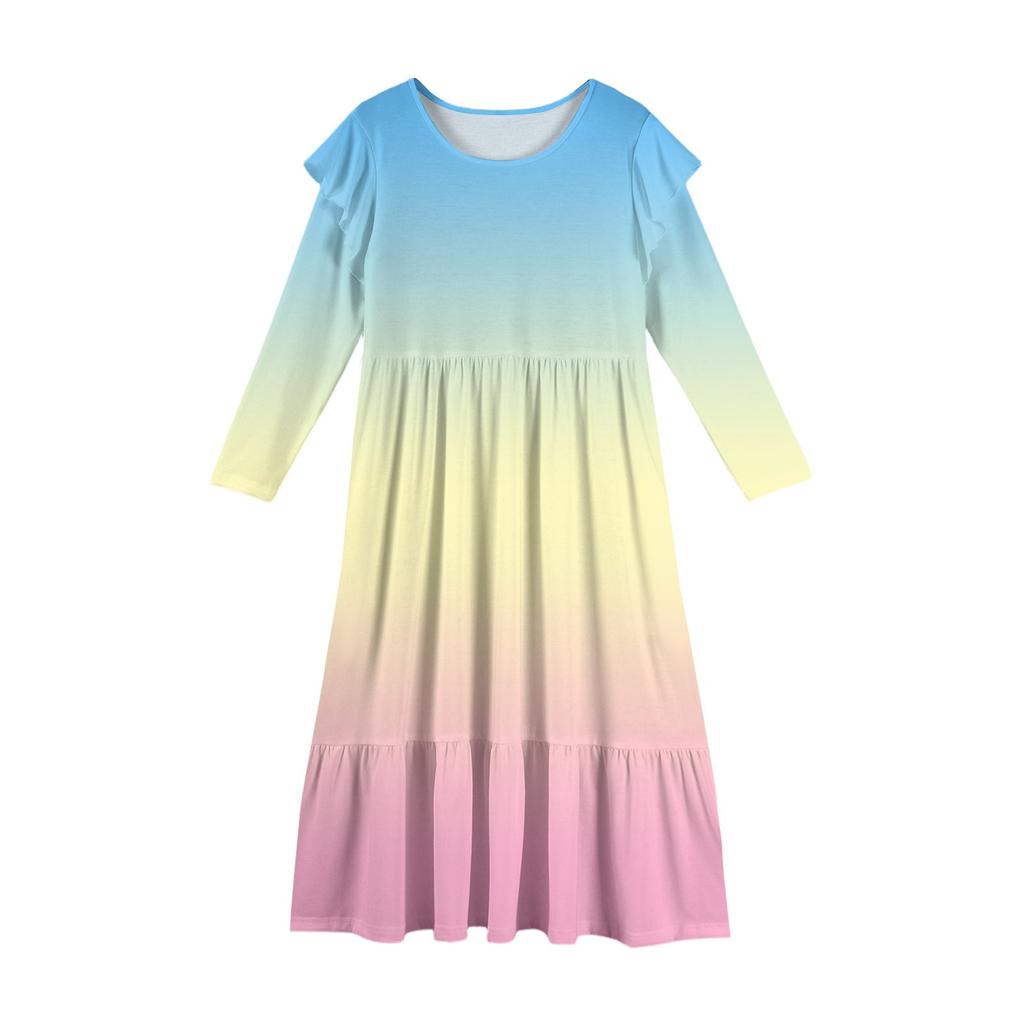 Mädchen Stufenkleid mit Rüschen - Langärmeliges bedrucktes Maxi mit Taschen