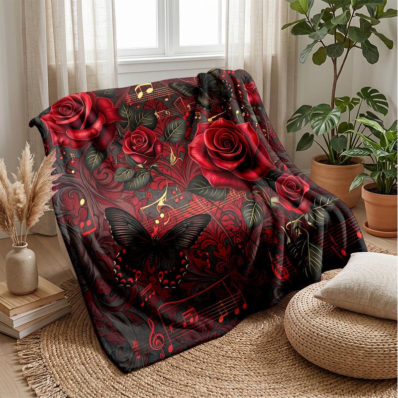 Red Rose with Jeweled Butterflies Theme Blanket Lightweight Warm Flannel Blanket Decorative Throw Blanket for Home Decoration