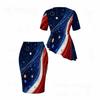 Women Plus Size Round Neck Short Sleeve Navy Red Printed Asymmetric Top And Fitted Skirt Two Piece Set