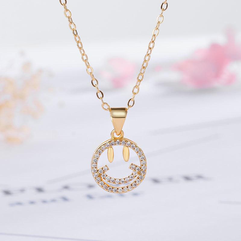 

Japanese And Korean Temperament Style Diamond-Encrusted Round Smiley Face Necklace Pendant Female Simple Collarbone Chain Jewelry Quality
