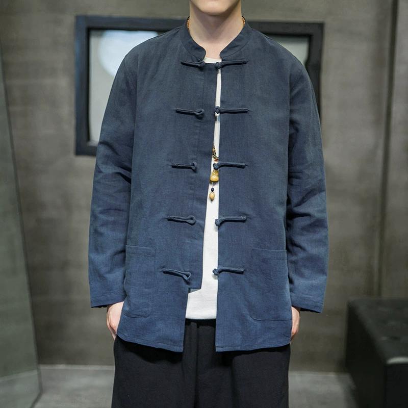 Chinese Shirt Man Cotton Linen Tang Suit Top Spring Autumn Long Sleeve Kung Fu Shirt Traditional Men Blouses