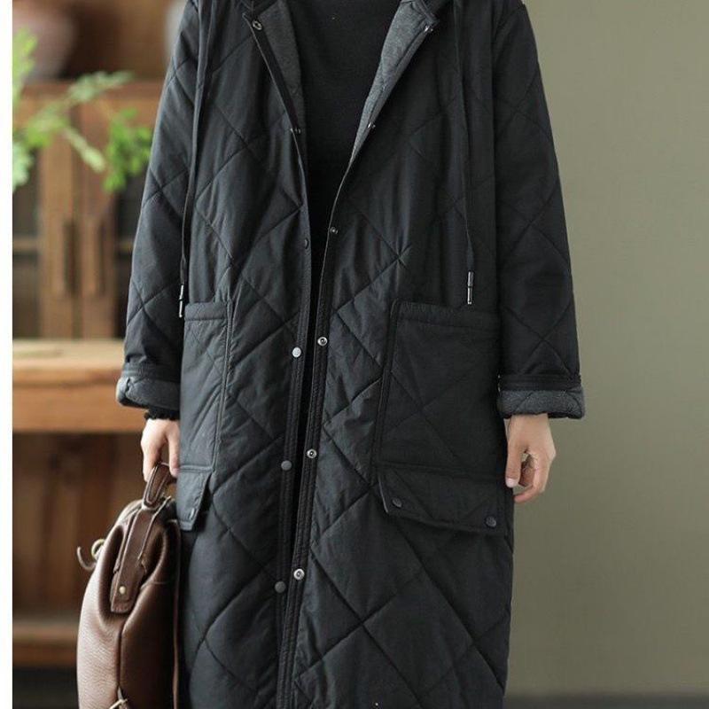 Plus Size Argyle Hooded Winter Coat: Mid-Length, Casual, Cotton-Padded for Women