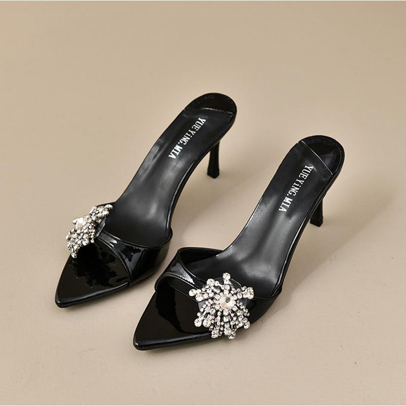 One-word open-toed pointed black new open-toed slippers rhinestone high heels slippers women's patent leather 2025 stiletto