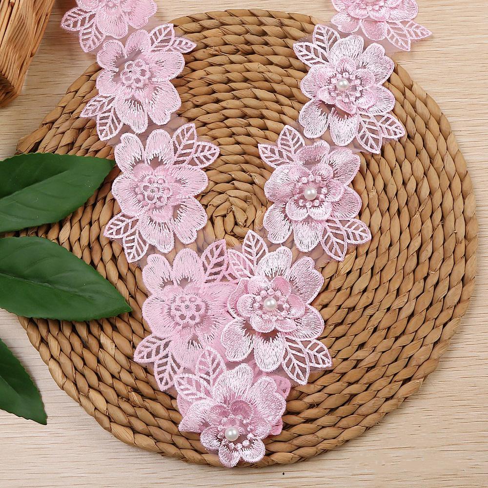

1Yard 3D Pearl Beaded Embroidered Lace Ribbon Stretchable For Vintage Collar Wedding Dress DIY Children s Costume Craft Supplies 10 Flower рожевий