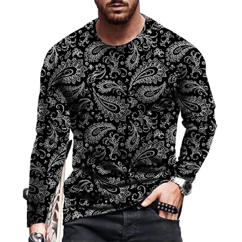 Simple Vintage Pattern 3d Print Men's O-Neck T-shirt Casual Long Sleeve Oversized Pullover Fashion T-shirt Men Clothing