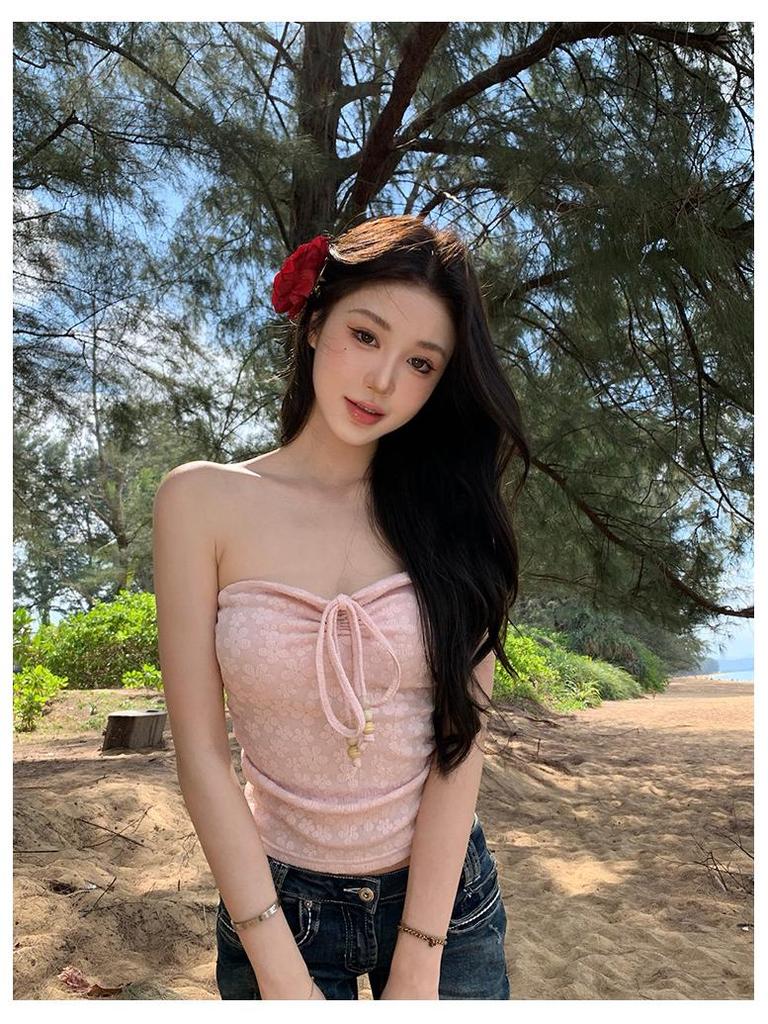 Růžový květinový šněrovací bandeau top - Dámský jarní/letní zeštíhlující top bez rukávů