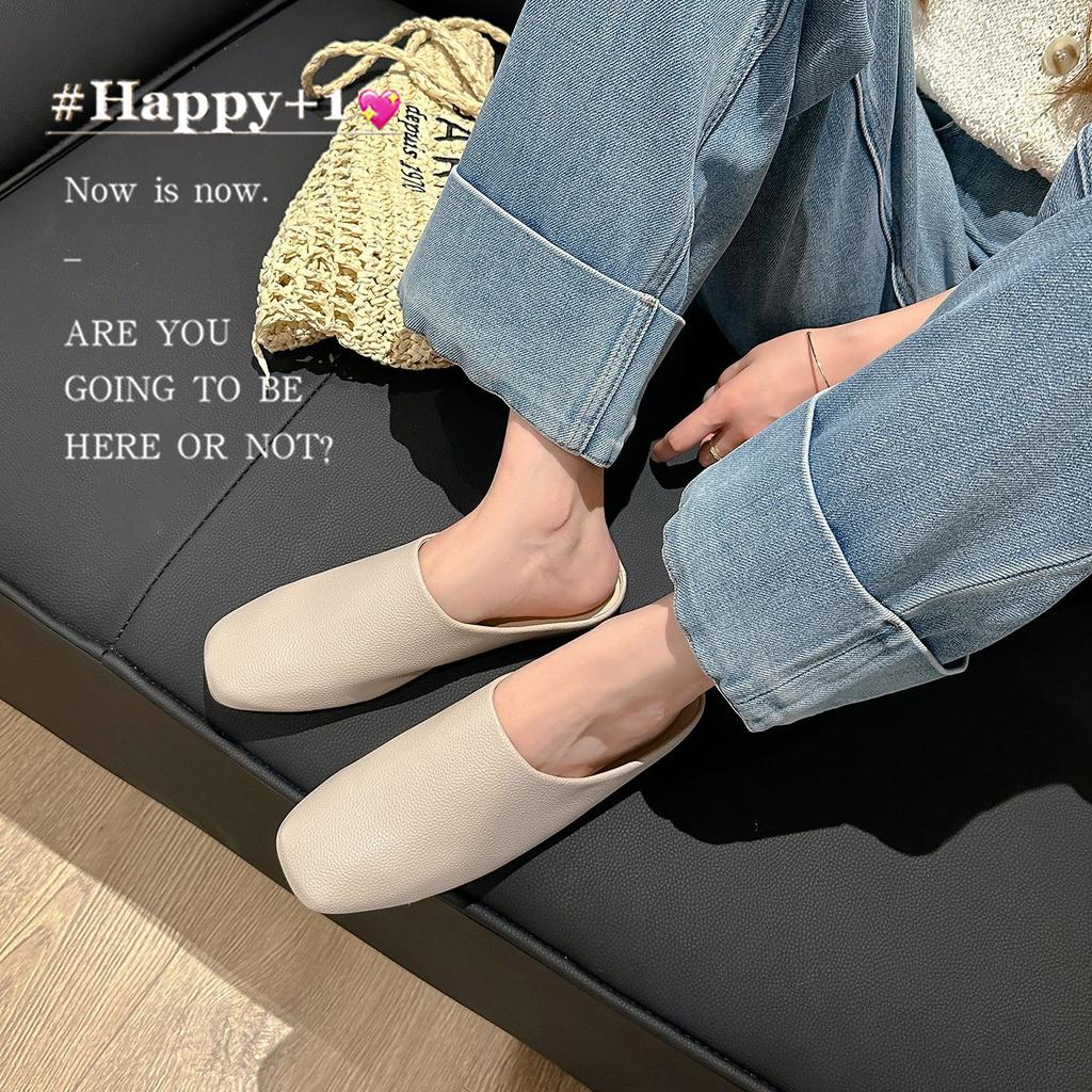 Soft To Fried~ Fashion Soft Leather Li Pattern Soft Leather Square Head One Pedal Flat Shoes Muller Row Slippers Women's Half Drag