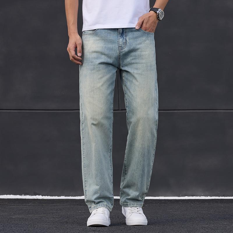 JYL Thin Jeans Men's Elastic Wide Straight New Wide Pants Daily Retro Pants.