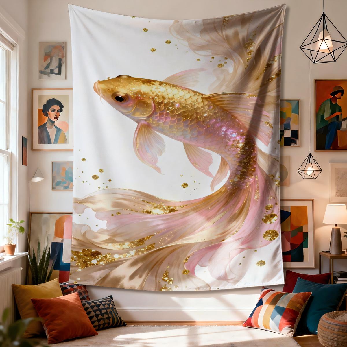 

Golden Koi Tapestry Elegant Fish Sparkling Design Soft Colors Polyester 5161 in for Bedroom or Dorm 74x94cm(29x37in)