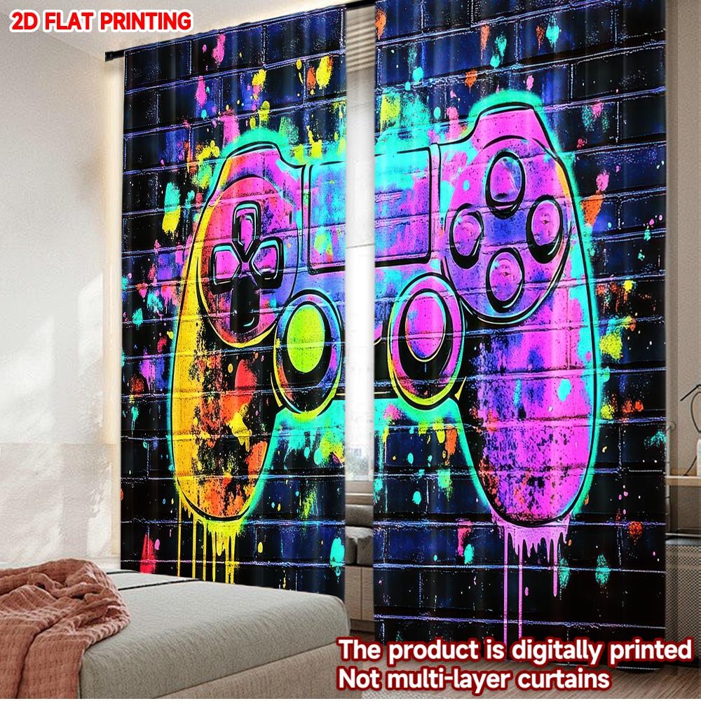 

Set Of 2 Gaming Controller Curtains Print Colorful Pink Purple Gamepad Splatter Effect Black Grid Gamer Room Decor Made Polyester W100*H70(CM)-Grommet top&1PCS