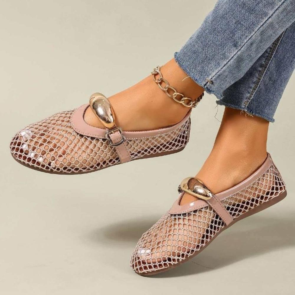 Plus Size Women Round Toe Fishnet Hollow Out Flat Sandals, New Spring Summer European Style Breathable Casual Sandals