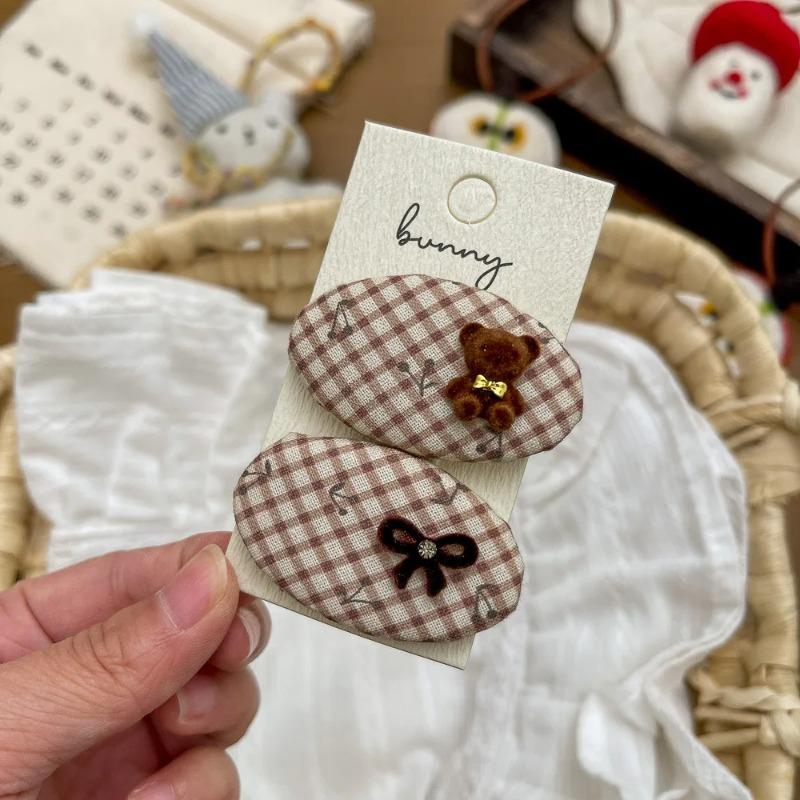 2 Pcs/Set Fabric Plaid Oval BB Clip Cartoon Hairpin Sweet Girl Hair Accessories Bangs Side Clip Barrettes Hair Clip Kids Headwear