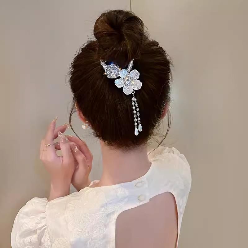 Exquisite Zircon Flower Tassel Hair Clip Fashion Shining Women Elegant High Horse Tail Hair Clip Plate Hair Artifact