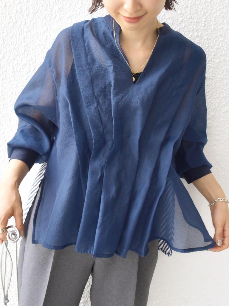 SHIPS for Women Web Hand Mixed Material Waist Tuck One Size Blouse, Exclusive, Washable, Blouse, Navy, 311150620,