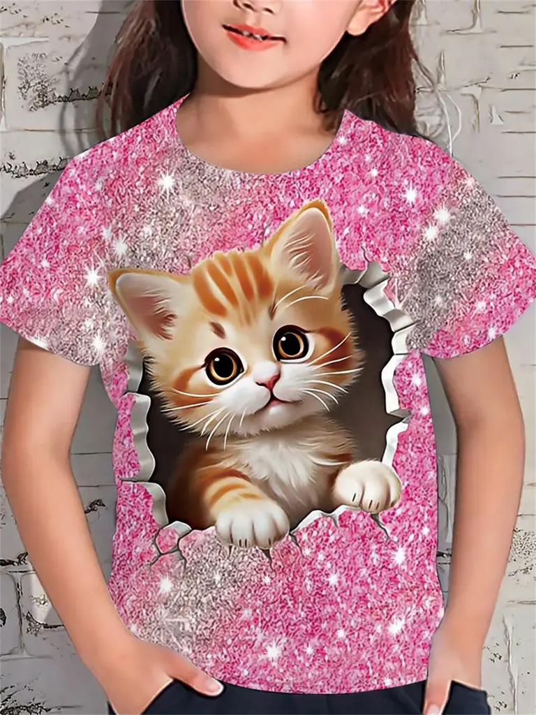 Fun Girl T-shirt Summer Short Sleeved Top Cartoon Animal Cat 3D Printing 2025 Girl Clothing