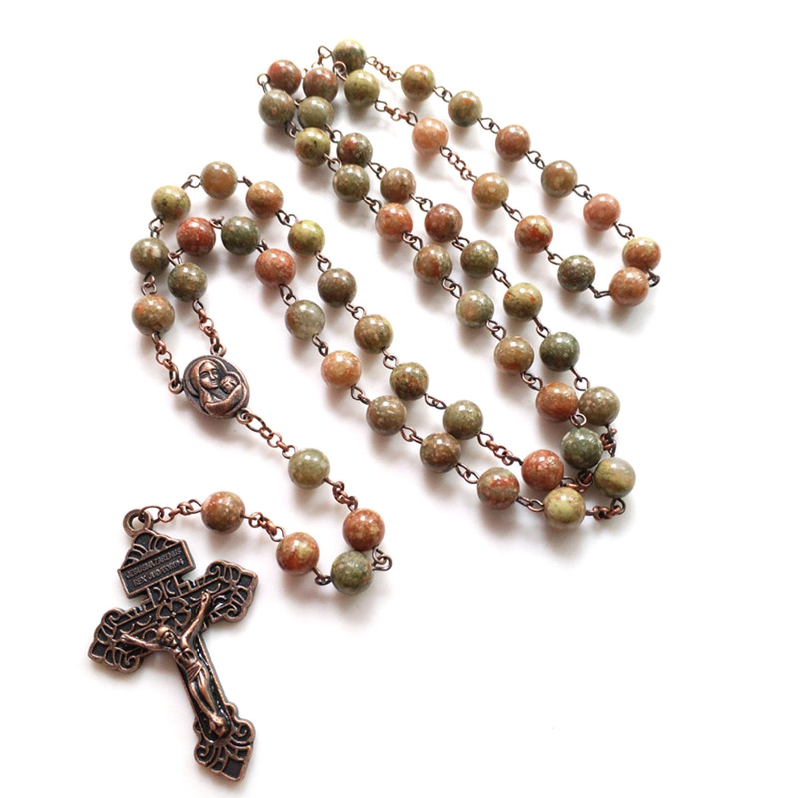 Round Beads Rosary Necklace Catholic Medal Jesus Christ Crucifix Cross Pendant Chain Religious Jewelry for Men Women 1