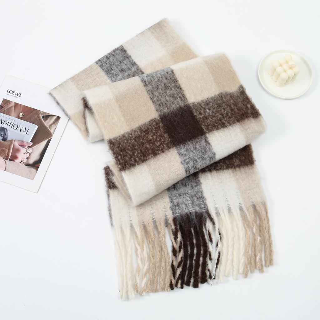 Rainbow Mohair Plaid Scarf - Thick, Chunky, Warm Winter Tassel Neck Warmer in Four Colors