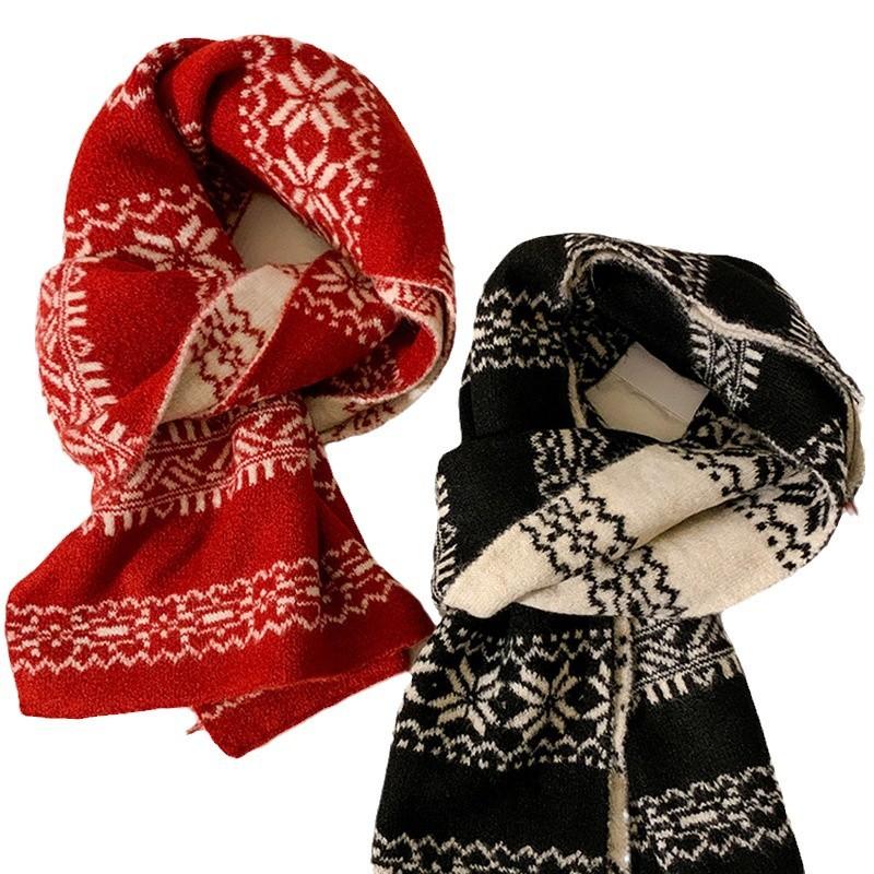 Fair Island Snowflake Double-sided Knitted Scarf Women's Autumn and Winter Korean Atmosphere Thickened Warm Scarf Vintage Shawl