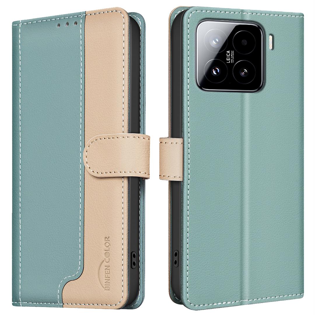 

BINFEN COLOR BF33 для Xiaomi 15 Pro Шкіряний чохол Сплайсинг кольору Блокування RFID Green