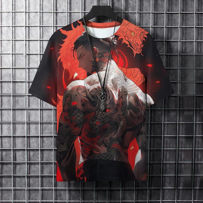 Pánské tričko s 3D potiskem a kresleným zvířecím potiskem, stylové, s grafickým potiskem a samurajskými tetováními, trendy, ležérní, Harajuku, streetwear, hip hopové tričko.