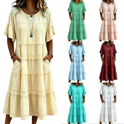 Damen Plus Size Lässiges Farb-Rundhals-Lockersitzendes Hemdblusenkleid für den Alltag
