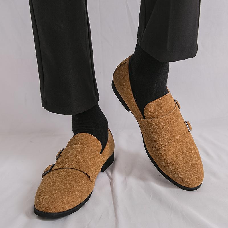 New Arrival Designer Men's Suede Leather Wedding Dress Shoes Male Pointed Driving Monk Strap Loafers Zapatos Hombre