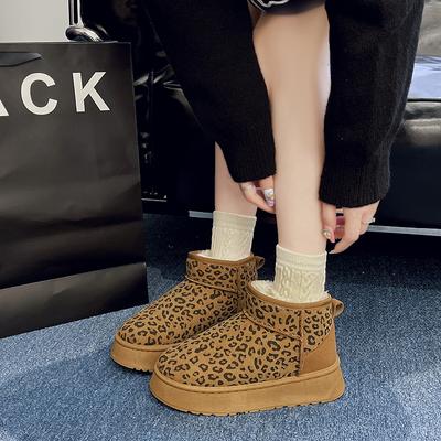 Damen Plateau Schuhe Winter Bequem Warm Damen Schneestiefel Rutschfest Abriebfest Mode Leopardenmuster Plüsch Kurze Stiefel