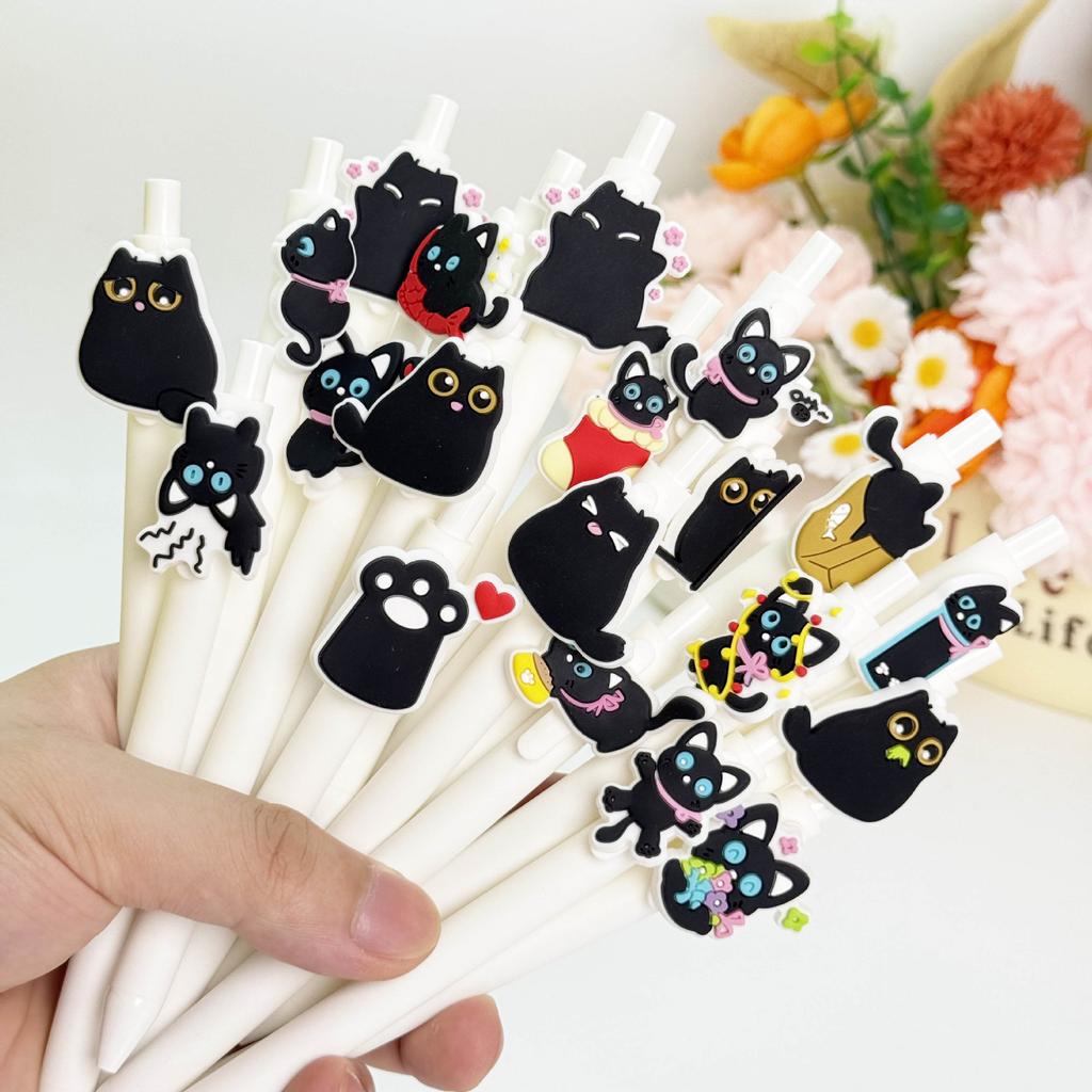 00Pcs Cute Black Little Cat Patch Retractable Gel Pens, 0.5mm Black Large Capacity Pen Cores Fine Writing Tools Office Stationery Study Essentials Sup