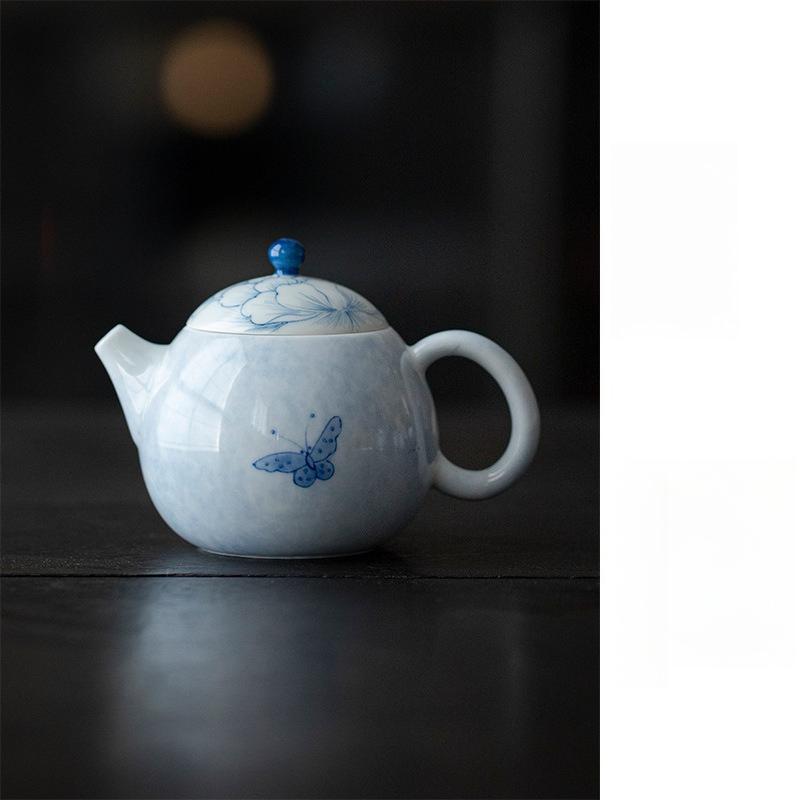 Underglaze Hand Painted Ceramic Teapot Blue Butterfly Design Ball Filter Small Kungfu Tea Set Home Office Use Chinese Style