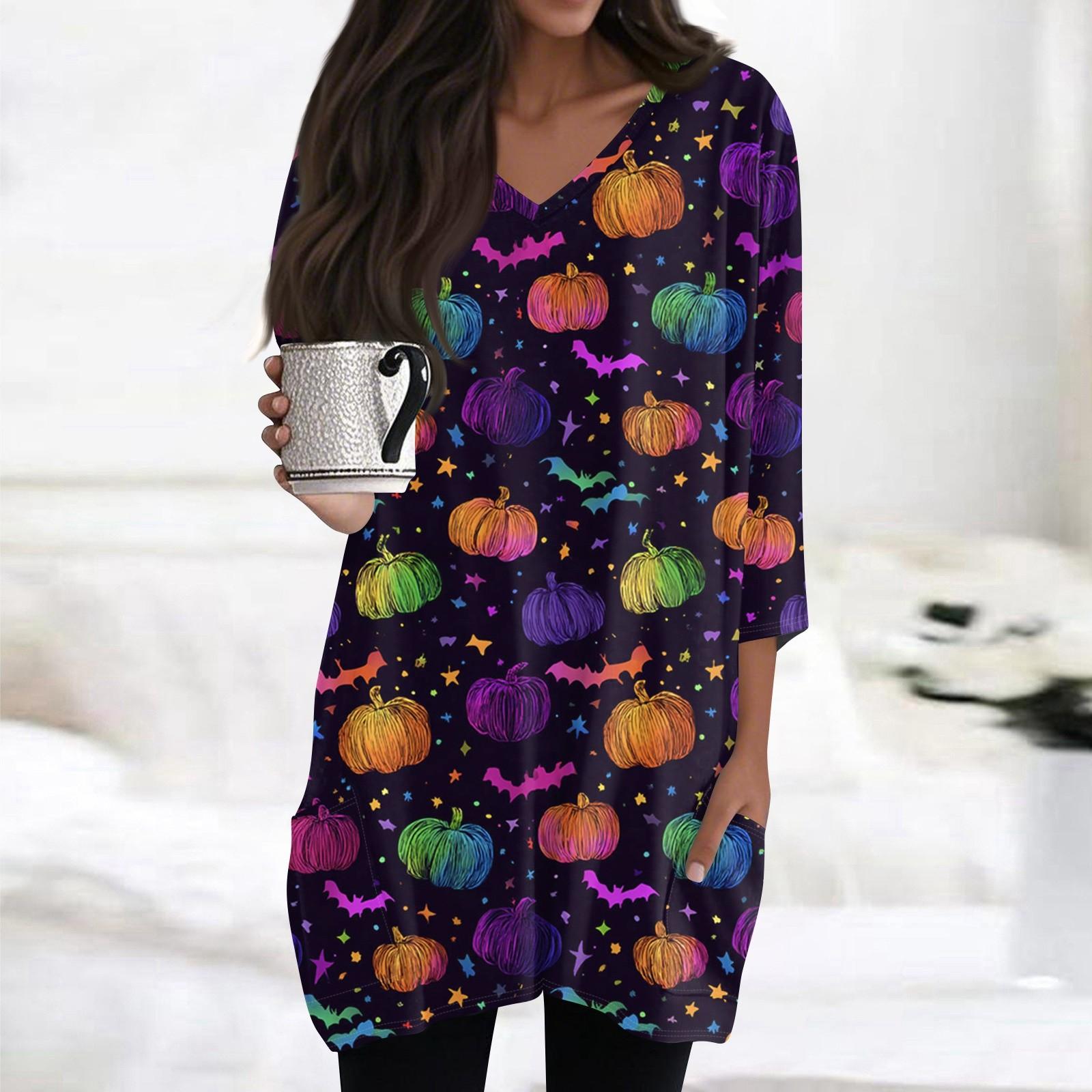 

Женская модная повседневная футболка с принтом на Хэллоуин, V-образным вырезом, средней длины, с карманом, рукавом 3/4 XL