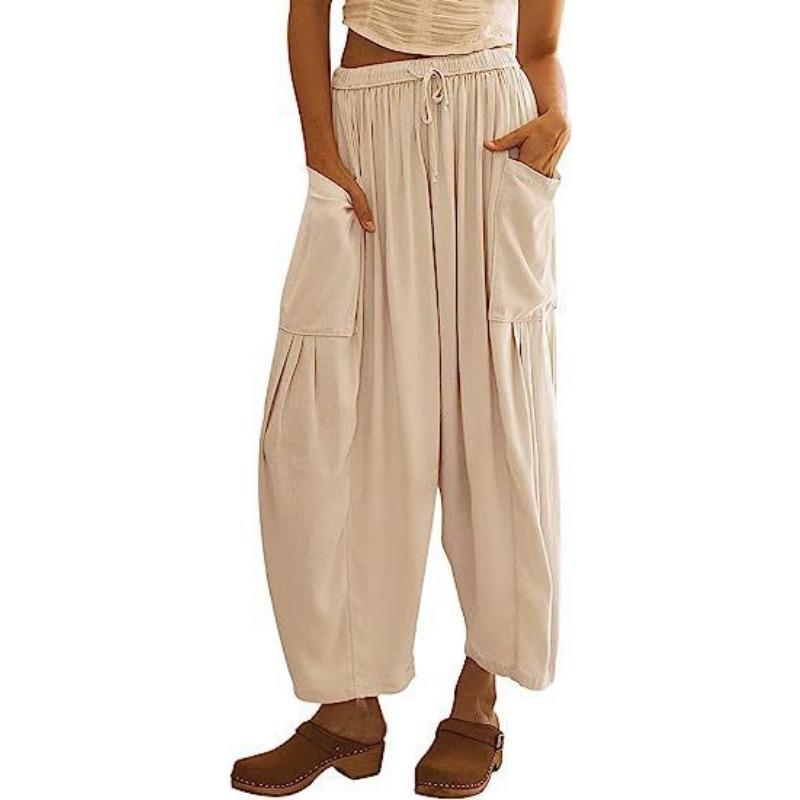 Spring and Summer Elastic Waist Pleated Mid Waist Straight Leg Pants, Loose Casual Cotton and Linen Cropped Pants