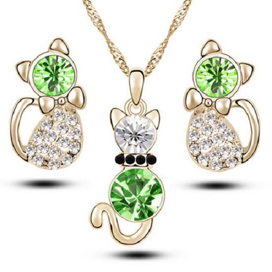 Cat Crystal 3pcs Shaped Necklace Earrings Jewelry Set Gift Teen Girls Women For