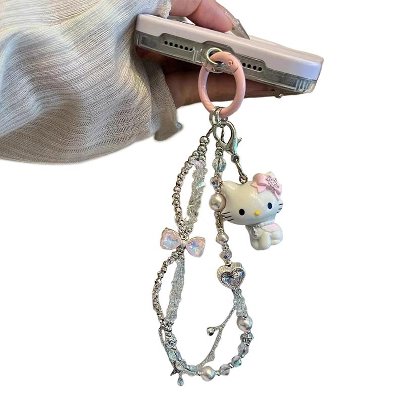 Cute Sanrio Hello Kitty Bow Beaded Phone Chain Lanyard Ccd Camera Charm Accessories Girly Keychain Pendants Anti-Lost Rope Gifts