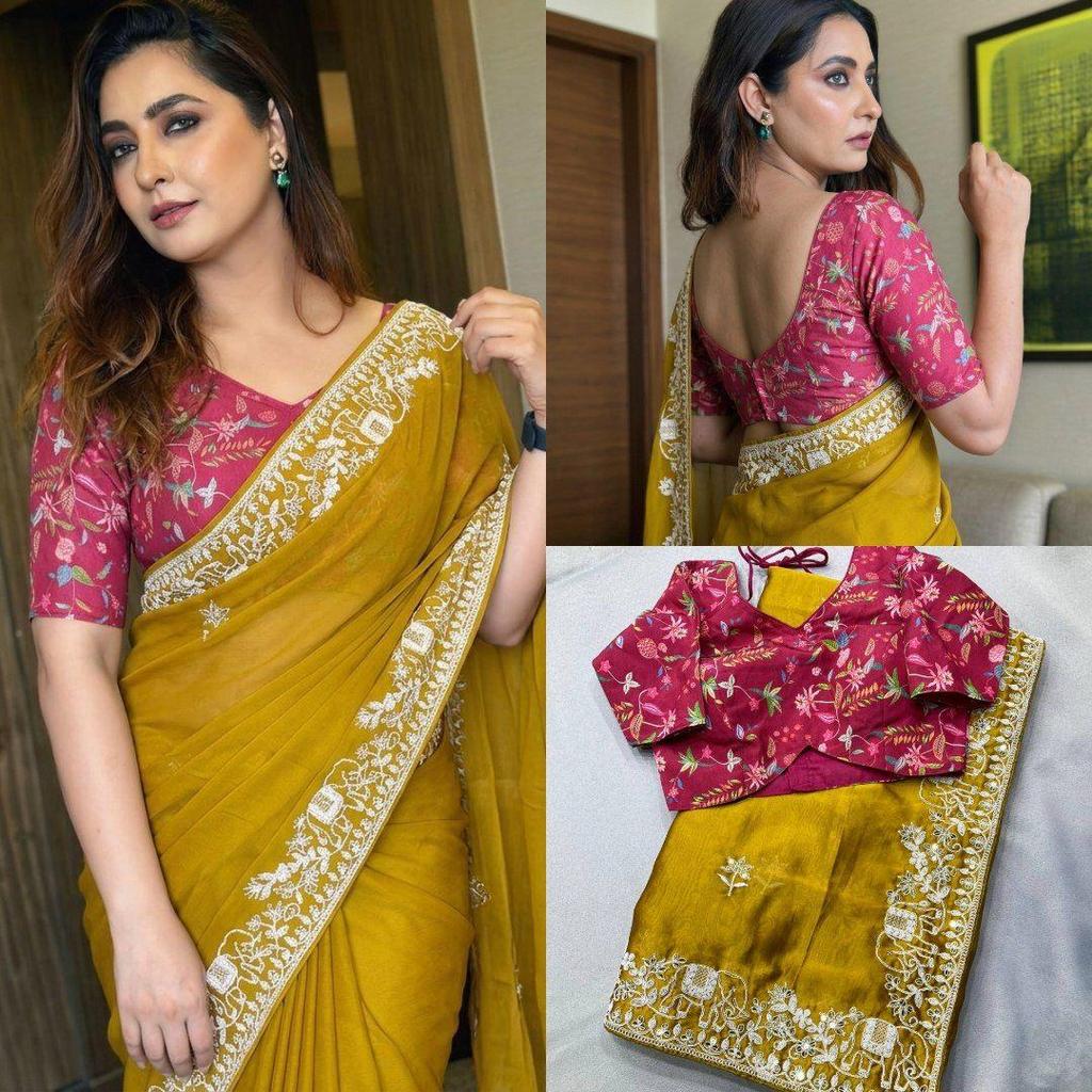 Party Wear Premium Rangoli Silk Saree – Elegant Wedding Collection with Embroidery Lace Border & Digital Print Blouse