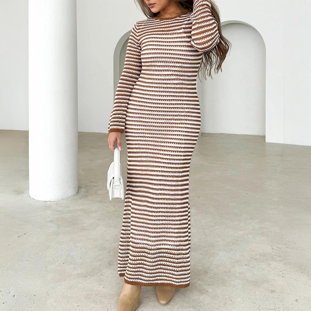 Dámské ležérní pruhované svetrové šaty s dlouhým rukávem, středně dlouhé šaty, šaty úzkého střihu