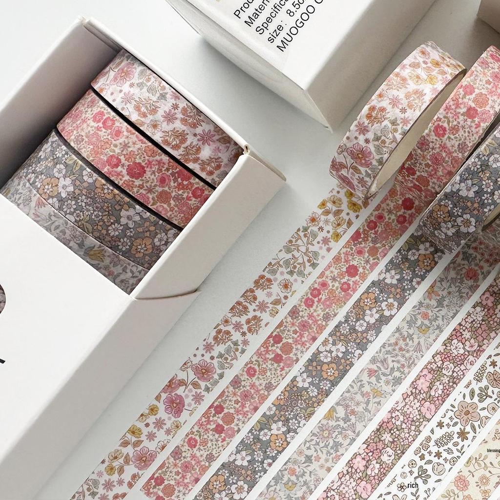 Retro Floral Washi Tape Set - 8 Rolls of Decorative Grid and Floral Designs for Journals and Scrapbooking