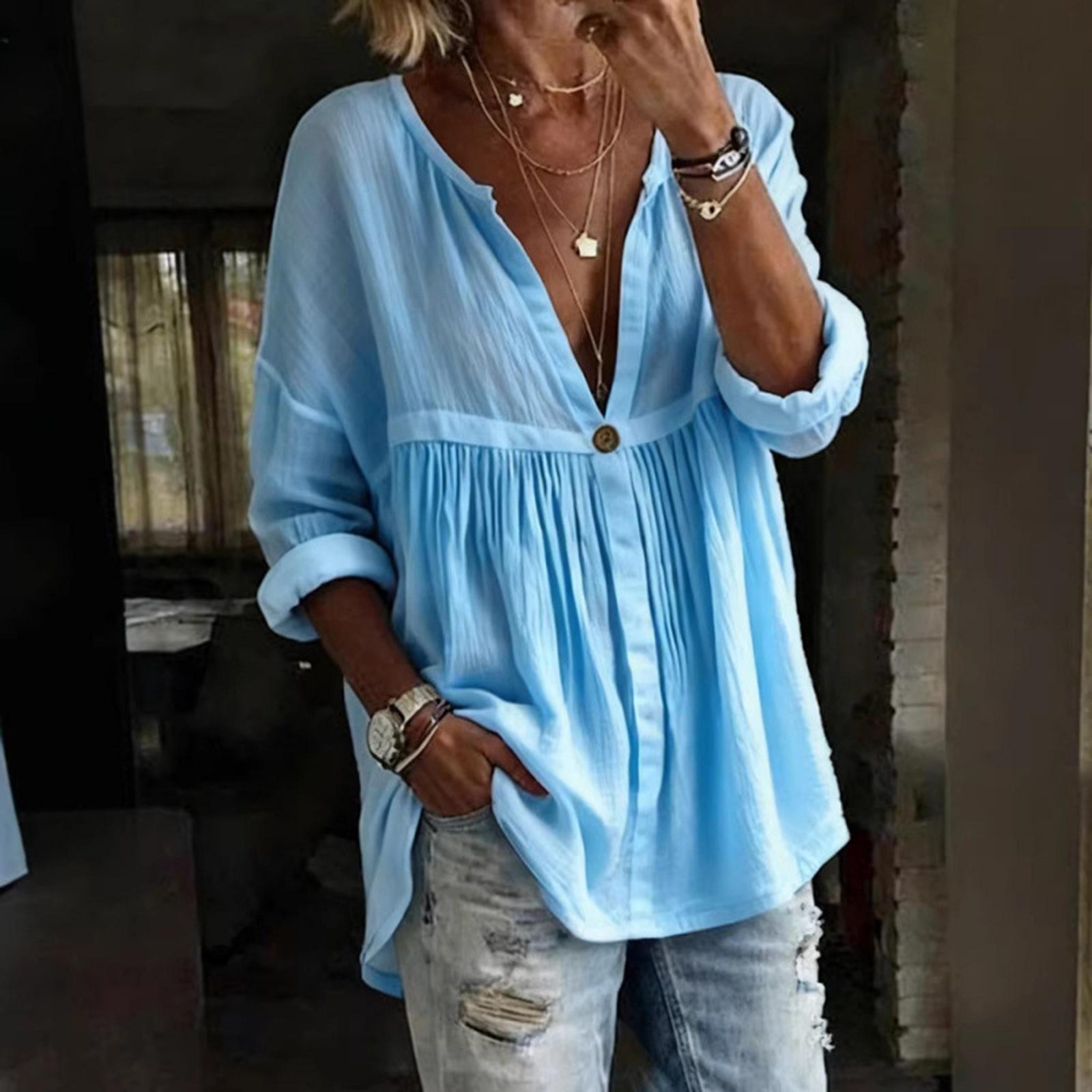 Women s Casual, Loose, Fashionable Long-sleeved Button-up Pullover Top L синий