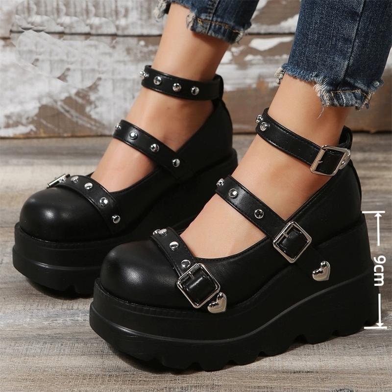 Chunky Platform Wedge Heel Y2K Black Mary Jane Shoes Metal Buckle Women's Super High Heel Gothic Shoes Punk Ankle Strap Pumps