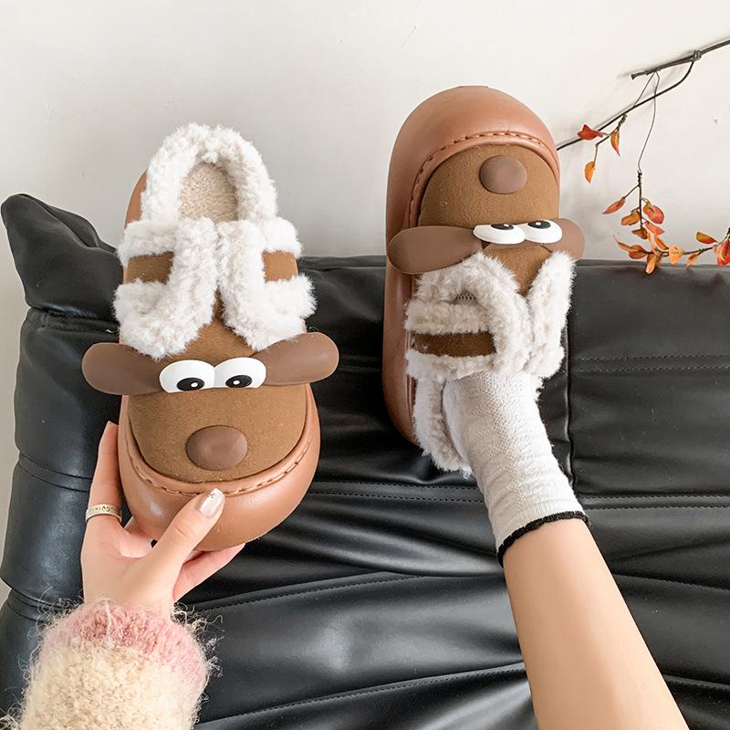 Dámské roztomilé kreslené plyšové pantofle - Teplé a hřejivé bavlněné zimní domácí pantofle na pult pro dívky, sladké silné dno, plyšové ležérní vnitřní boty