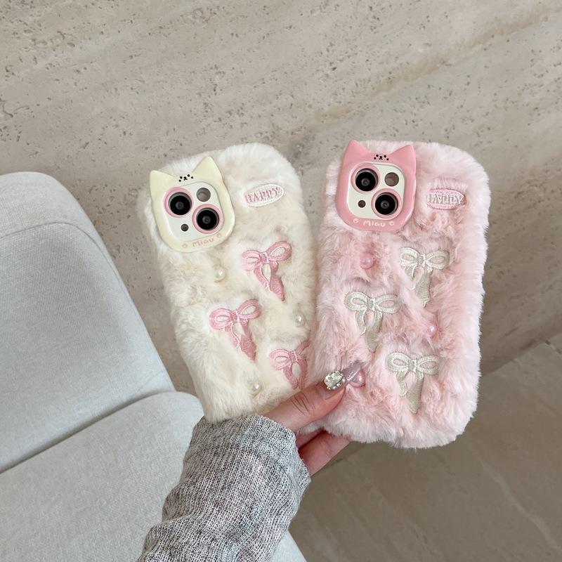 Soft Fluffy Plush bowknot Star Cat Ears 3D Pearl Phone Case For iPhone 17 Air 14 15 16 Plus 13 Pro Max 11 12 Warm Winter  Cover  Embroidery