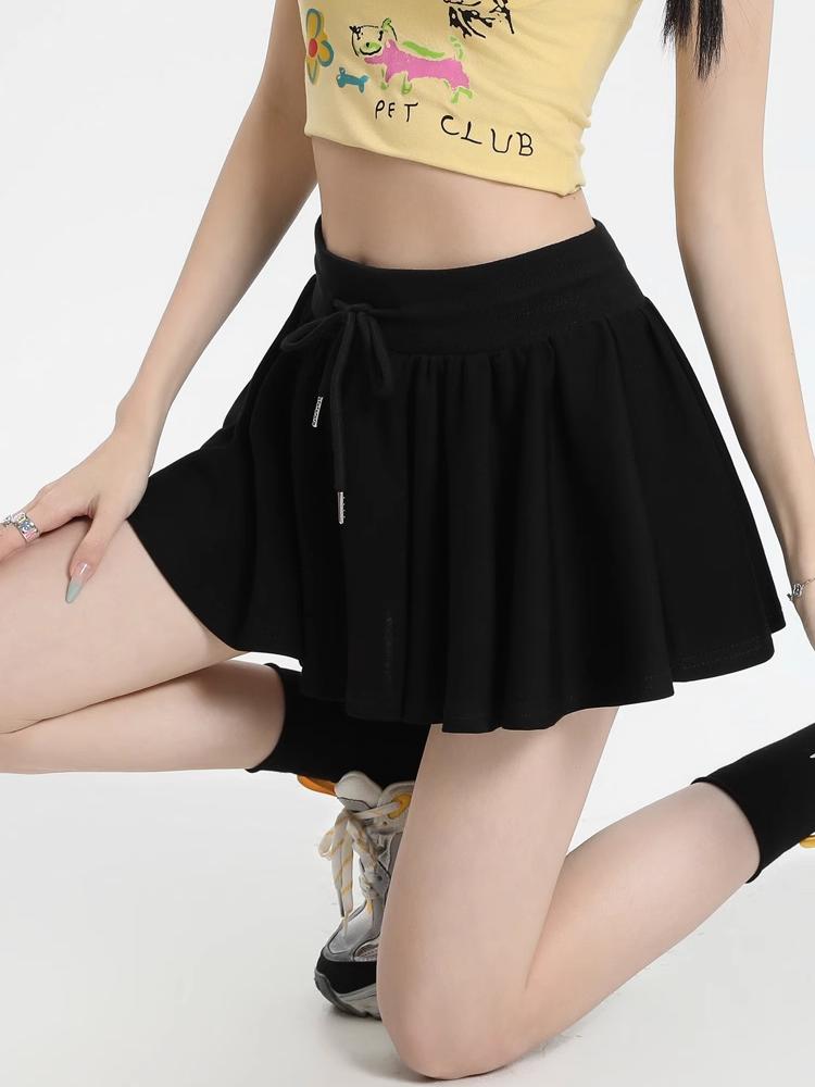 Jupe courte ample décontractée avec cordon de serrage, style Preppy, taille élastique, pour le yoga, la course à pied, respirante, coupe trapèze